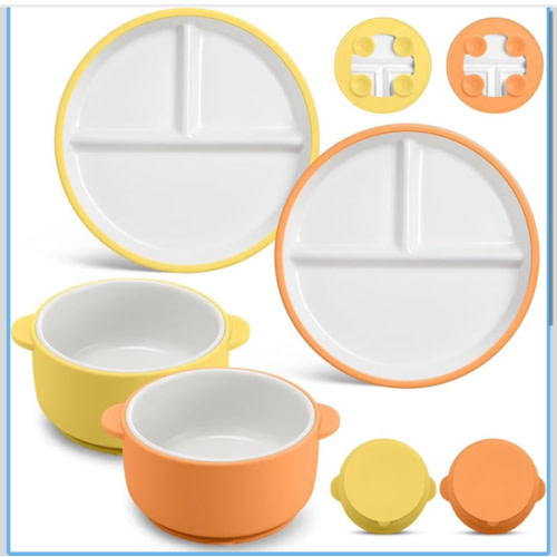 Domensi 4 Pcs Porcelain Kids Plates and Bowls Sets with Suction, 2 Ceramic Toddler Divided Plates 2 Baby Anti Slip Silicone Sleeve Bowls for Feeding Supplies Microwave Dishwasher Safe (Orange,Yellow)