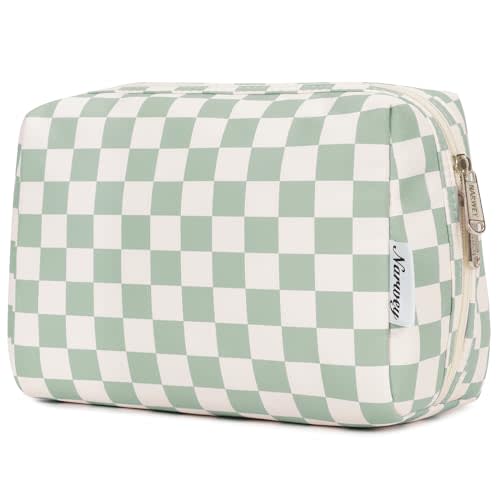 Narwey Checkered Makeup Bag Travel Cosmetic Bag Organizer Toiletry Bag Make Up Bags with Compartments for Women Girls (Large, Mint Green Checkerboard)