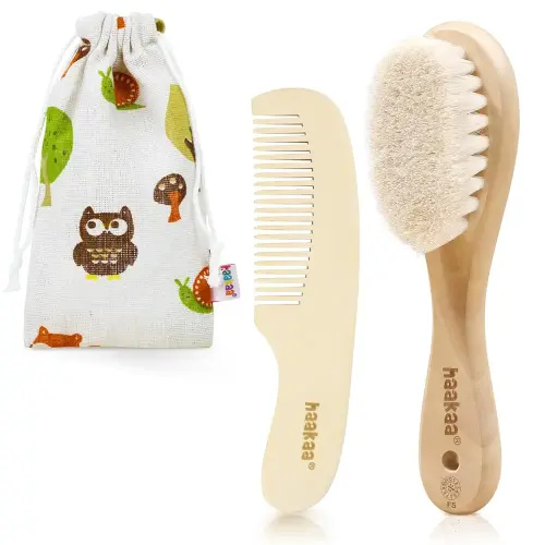 haakaa Baby Hair Brush and Comb Set for Newborns & Toddlers - Natural Soft Goat Bristles and Wooden Handle, Gently Grooms Baby's Hair, Ideal for Cradle Cap, Perfect Baby Gift, 2pk