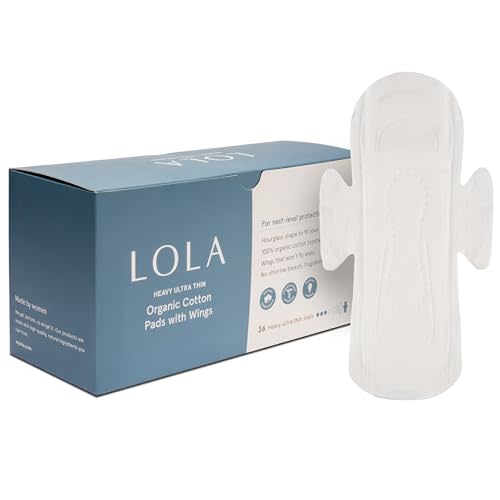 LOLA Organic Cotton Pads, 36 Count - Ultra Thin Pad with Wings, Cotton Organic Pads for Women, HSA FSA Approved Products Feminine Care, Heavy