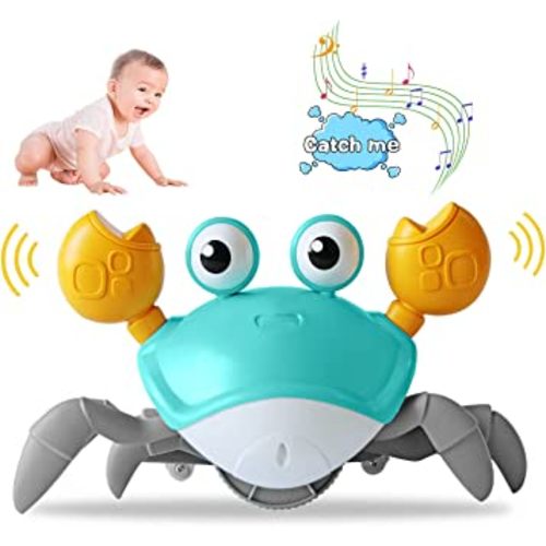 ReeRaa Crawling Crab Baby Toy, Tummy Time Toys for Kids,Automatically Avoid Obstacles Toddler Interactive Toy with Music and LED Light, Built in Rechargeable Battery (Green)
