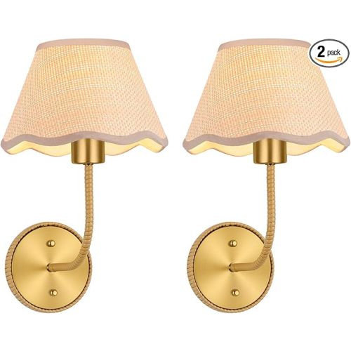 Boho Wall Sconces Set of Two Rattan Wall Lamp Rustic Brass Wall Mount Light Hardwire Wall Sconces Lighting for Bedroom Living Room Hallway Vanity Stairway, E26 Base, 2 Pack