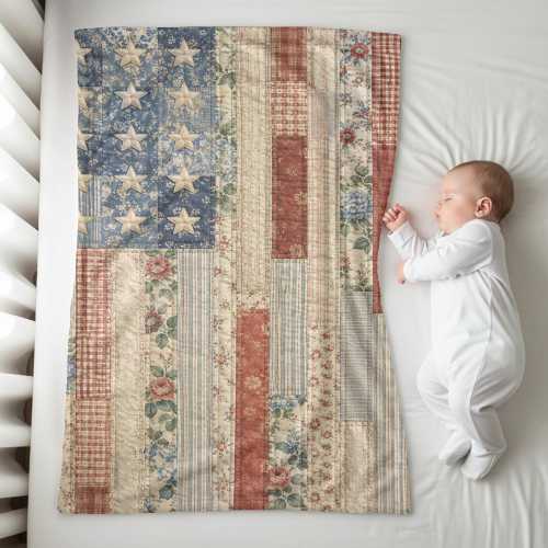 Americana Baby Blanket Vintage Flag Nursery Blanket Cottagecore Baby Shower Gift Floral Patriotic Nursery Decor Heirloom Quilt