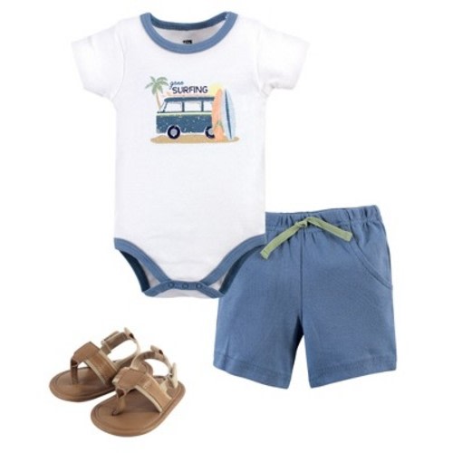 Hudson Baby Infant Boy Cotton Bodysuit, Shorts and Shoe 3pc Set, Gone Surfing, Size: 12-18 months
