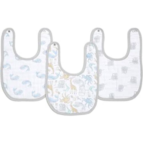 aden + anais Essentials Snap Baby Bib, 100% Cotton Muslin, 3 Layer Burp Cloth, Super Soft & Absorbent for Infants, Newborns and Toddlers, Adjustable with Snaps, 3 Pack, Natural History