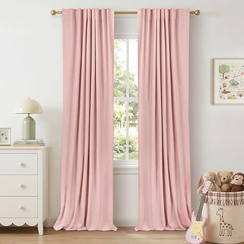 100% Blackout Shield Linen Blackout Curtains for Bedroom 90 Inches Long, Back Tab/Rod Pocket Living Room Drapes, Thermal Insulated Blackout Curtains 2 Panels Set, 50" W x 90" L,Baby Pink