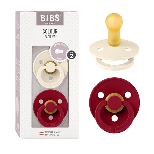 BIBS Colour Baby Pacifier 2-Pack | Made in Denmark | BPA Free Dummy Soother, Round Nipple. Natural Rubber Latex, Size 2 (6-18 Months), Ivory/Ruby