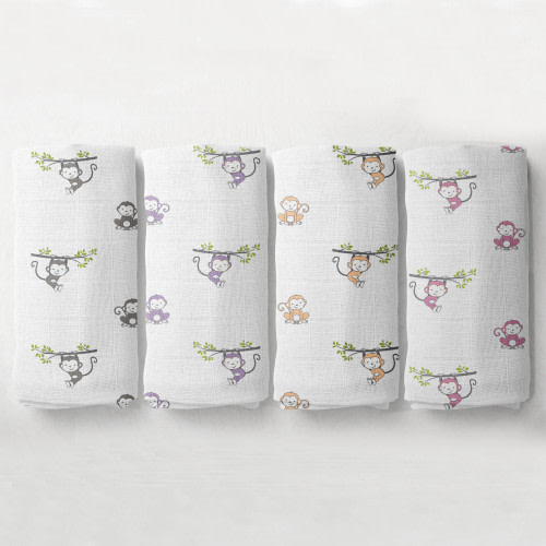 Bacati - 4 Pack Girls Muslin Essentials Swaddle Blankets Monkeys Pink Lilac Grey