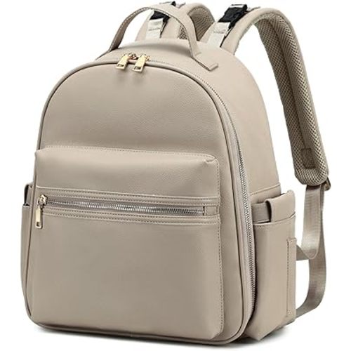 Diaper Backpack with Stroller Buckle, Insulated Pockets and Water-proof Pocket (Faux Leather, Beige)