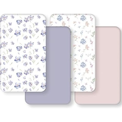 Baby Crib Sheets Girl, Toddler Bed Sheets Fitted for 52”x28”Standard Crib and Toddler Mattresses, 4 Pack Soft Breathable Stretchy Pink Purple Floral