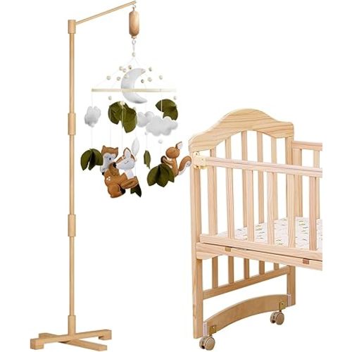 FEISIKE Baby Crib Mobile Arm with Music Box Spin Motor 3In1 Set-Squirrel Baby Mobile for Cirb, 57.4 Inch Mobile Arm for Crib Wooden Nursery Decor Hanger Holder