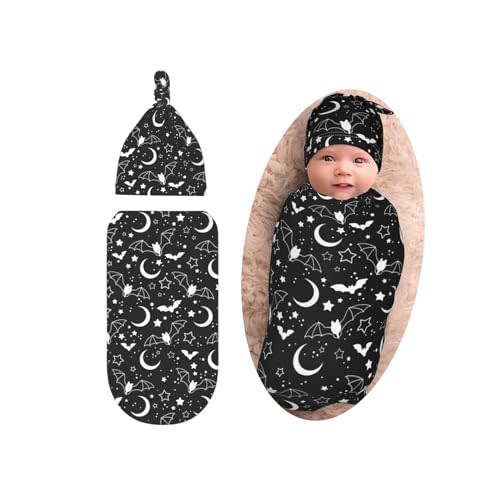 Halloween Moon Star Bat Baby Stuff Swaddle Blanket Set With Hat For Boys Girls, Soft Newborn Swaddle Sack Receiving Blanket Outfit Infant Shower Gift