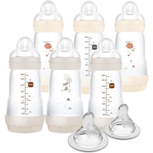 MAM 9oz Easy Start Anti-Colic Baby Bottle, Medium Flow with 2X Bonus Nipples, Breastfeeding-Like Silicone Nipple Bottle, Reduces Colic, Gas, & Reflux, Easy-to-Clean, BPA-Free, 2 Plus Months