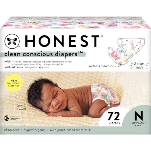 The Honest Company Clean Conscious Diapers | Plant-Based, Sustainable | Rose Blossom + Tutu Cute | Club Box, Size Newborn, 72 Count