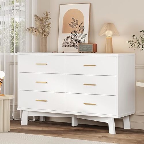 Dresser for Bedroom, 6 Drawer Wide Modern Chest of Drawers with X-Shaped Sturdy Base, Wood Double Dresser Closet Clothes Storage Organizer, Wooden TV Stand for Living Room, Hallway, White