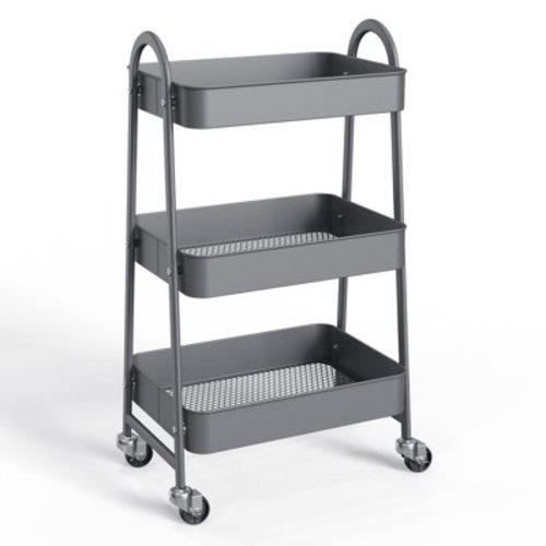 ZUNMOS 3 Tier Utility Rolling Cart, Metal Mobile Storage Cart with Lockable Caster Wheels, Storage Shelves Organizer Cart for Livingroom, Bathroom, Kitchen, & Narrow Places, Gray
