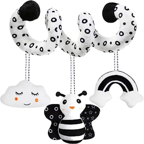 Baby Spiral Hanging Stroller and Car Seat Toys Black and White High Contrast Sensory Toy Newborn Plush Activity Toys Party Favors Quality Gifts for Baby Shower Easter Basket Stuffers -BEE