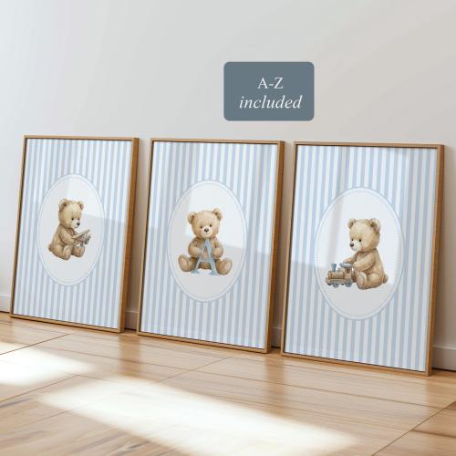 Set of 3 Teddy Bear Prints | Blue Nursery Art | Boy Room Decor