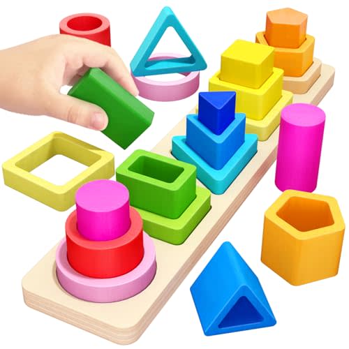 PEBIRA Montessori Toys for 1 2 3 Year Old Boys Girls Toddlers, Heightened Peg-Free Wooden Stacking Toys, Shape Sorter Learning Toy, Birthday Gift for Baby Kid Age 1-4 Preschool Toy, Various Game Play