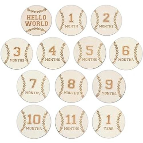 Baby Monthly Milestone Cards - Wooden Monthly Milestone Discs - Newborn Photography Props to Document Your Baby´s Growth - Baby Announcement Sign (Baseball Card)