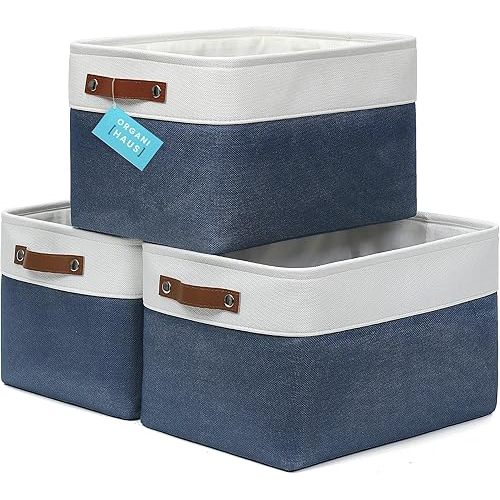 OrganiHaus Large Storage Bins for Shelves 3 Pack, 15x11in Closet Storage Bins for Shelves, Fabric Storage Bins, Cloth Baskets & Closet Organizers, Fabric Basket, Navy Blue/White