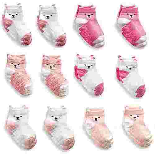 LIZEY 12 or 24 Pairs Baby Toddler Socks with Grips Anti-Slip Non-Skid Grippers Organic Cotton Blend For Kids Infant Babies Girls Walkers 9-18 up to 24 Months