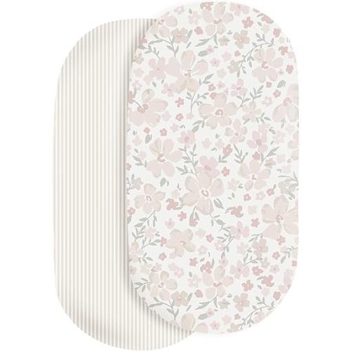 Makemake Organics Organic Cotton Bassinet Sheet (Set of 2) GOTS Certified Organic Bassinet Mattress Cover Fits Hourglass Rectangle Oval - Ultra Soft Breathable (15"x33", Blossom + Beige Stripes)