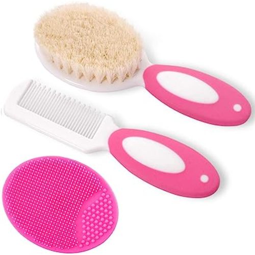 Baby Hair Brush and Comb Set for Newborns & Toddlers | Natural Soft Goat Bristles | Ideal for Cradle Cap | Perfect Baby Registry Gift (Red)