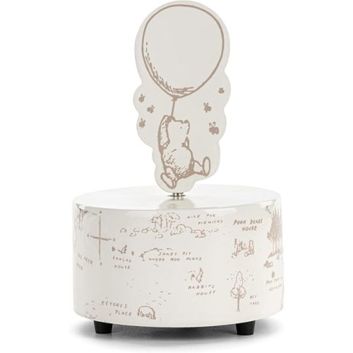 DEMDACO Pooh Bear Baby Collection Music Box Off-White Stoneware Classic Bear & Balloon Figure with Acre Wood Map Design Beloved Lullaby Keepsake for Nursery & Baby Gift 4 x 5 Inches