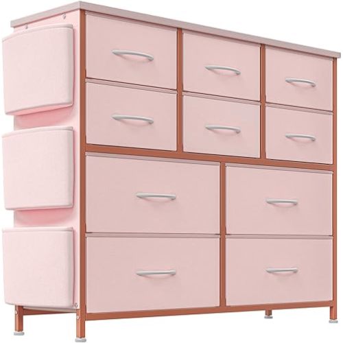 10 Drawers Pink Dresser for Bedroom - Chest of Drawers with Side Pockets and Hooks, Fabric Dresser for Bedroom with Sturdy Metal Frame and Wooden Top, Living Room, Hallway