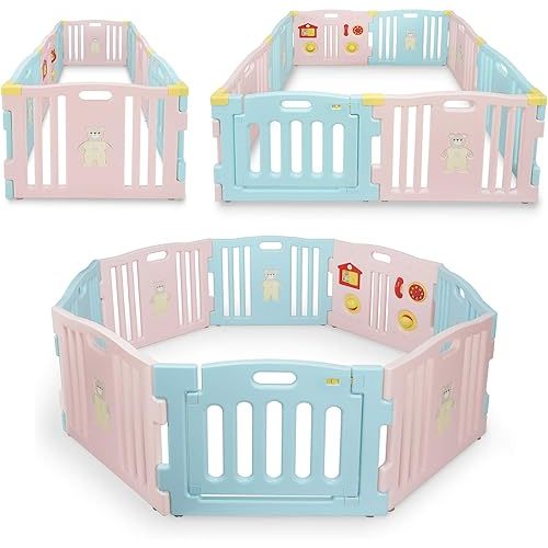 Kidzone Interactive Baby Playpen 8 Panel Play Yard with Safety Gate Children Play Center Child Activity Pen Anti-Fall Play Pen for Toddler, ASTM Certified – (Pink- Blue)