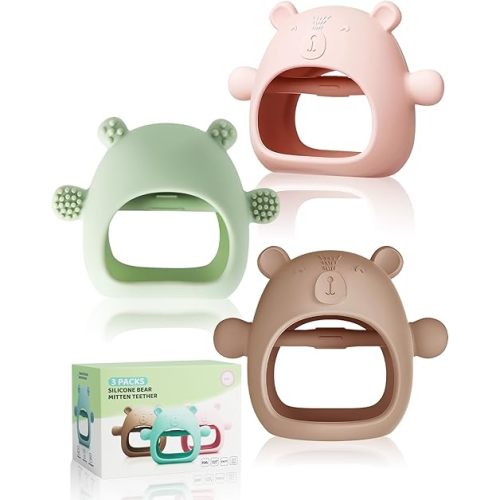 3 Packs Baby Teether for 0-6 6-12 Months, Food Grade Silicone Bear Baby Teething Mittens for Sucking Needs Sensory Exploration, BPA Free