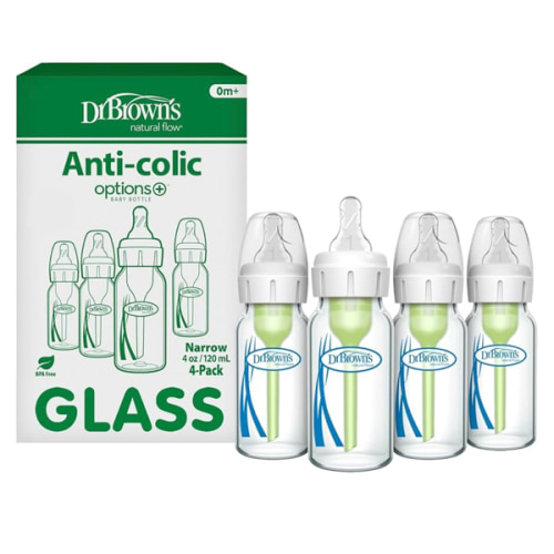 Dr. Brown's Anti-Colic Options+ Narrow Glass Baby Bottle with Level 1 Slow Flow Nipple, BPA-Free, 4 oz/120mL, 4-Pack
