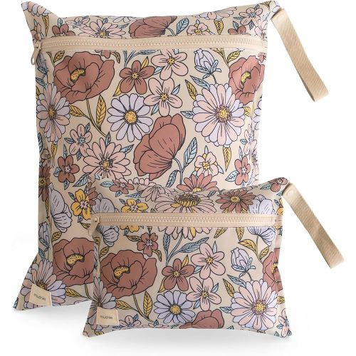 mushie Water Resistant Wet Bags | Large & Small Reusable Storage Bag for Baby Items and Travel | Zippered Pockets with Handle | Machine Washable, Set of 2 (Retro Flowers)
