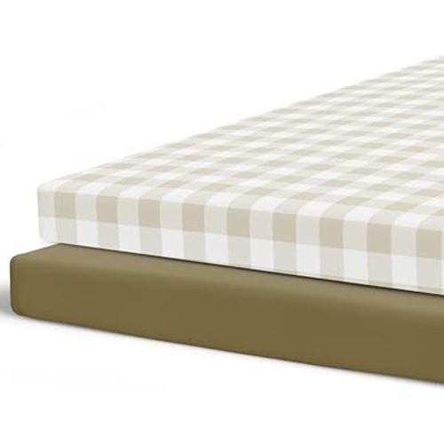 Pobibaby - 2 Pack Premium Pack N Play Sheets Fitted for Standard Pack and Plays and Mini Cribs - Ultra-Soft Jersey Knit, Stylish Floral Pattern, Safe and Snug for Baby (Gingham Khaki)