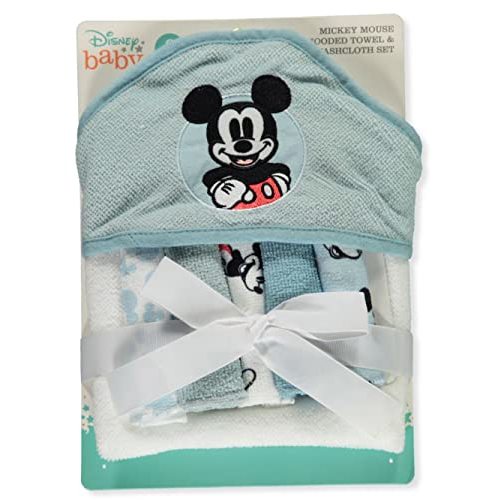 Cudlie Accessories Disney Baby Mickey Mouse Hooded Towel with 5 Piece Washcloth Set, Cool Style Print, GS71795 Blue One Size