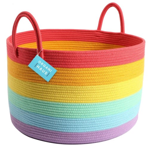 OrganiHaus Rainbow Cotton Rope Storage Basket with Handles 20”x13” | Colorful Unicorn Decor for Kids Toy Storage Baskets for Organizing