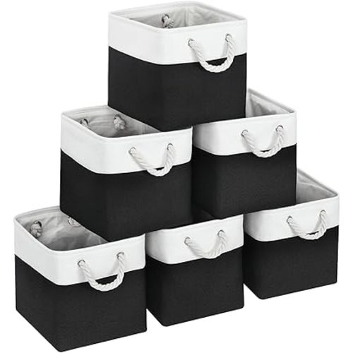 Large 11x11 Inch Cube Storage Bins with Cotton Handles for Closet, Shelves, Clothes, Toys, Towel (White/ Black-6 Pack)