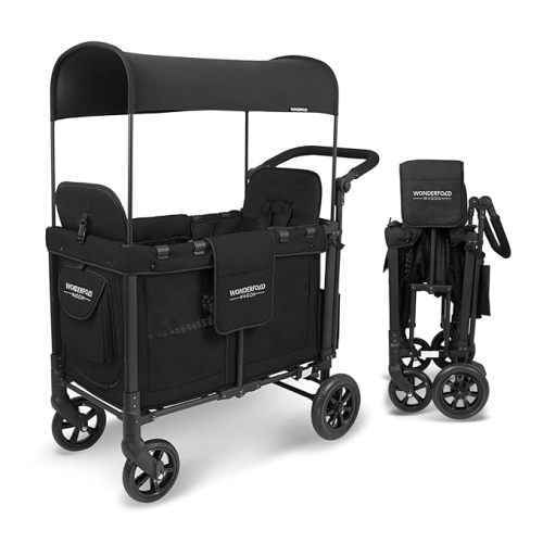 WONDERFOLD W2 Original Double Stroller Wagon Featuring 2 High Face-to-Face Seats with 5-Point Harnesses, Easy-Access Front Zipper Door, and Removable UV-Protection Canopy, Black (Original) - W2_Original