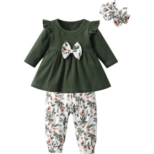 3PCS Baby Girl Clothes Ruffle Floral Shirt Tops Pants Headband Outfit Sets - 6-9 Months - Green