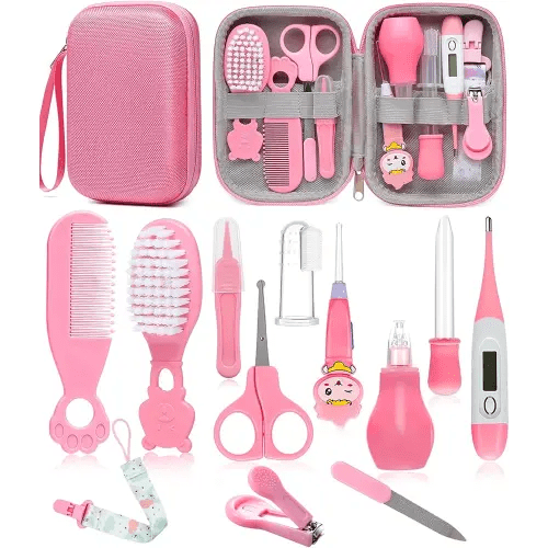 Baby Healthcare and Grooming Kit, Safety Newborn Nursery Care Set, with Hair Brush Comb, Nail Clipper, Thermometer, Pacifier Clip, Nasal Aspirator for Newborn Infant Baby Girls Boys (Pink.)