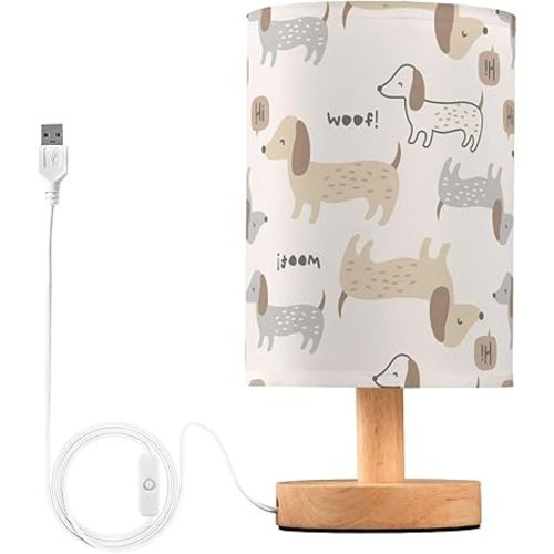 Bedside Table Lamp Cute Puppy Dogs Animal Nightstand Lamp with Wood Base Night Light Linen Fabric Shade for Bedroom Living Room Nursery Office Desk
