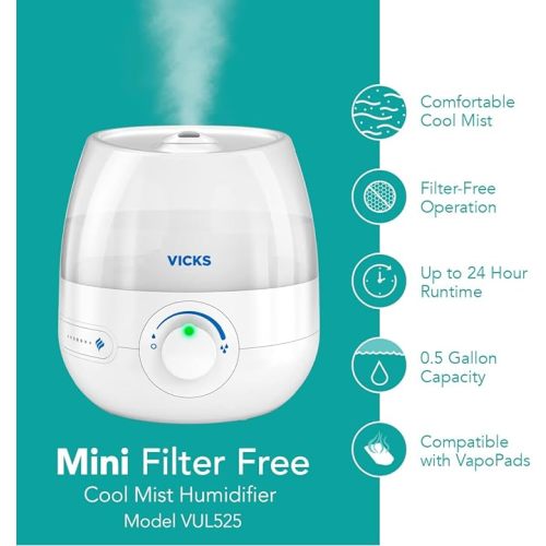 Vicks Mini Filter Free Cool Mist Humidifier, Small Room – Variable Mist Control – Works with Vicks VapoPads
