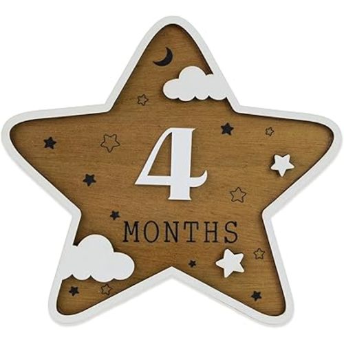 Baby Monthly Milestone Star Board - 6.5 Inch Natural Wood 3D Design with Clouds and Stars, 1-12 Months Tracker, Newborn Photo Prop