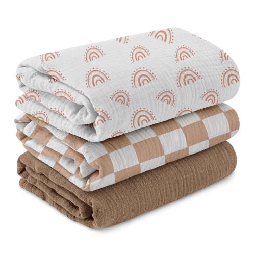 Gllquen Baby 3-Pack Muslin Organic Cotton Swaddle Blankets for Newborn Infant Boys Girls 38"x40", Glorious Rainbow