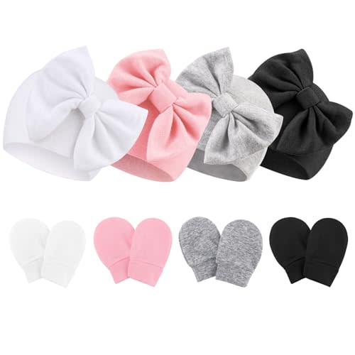 Newborn Baby Hats and Mittens Set Infant Bow Beanie Cap Toddler Gloves Newborn Hospital Hats for Baby Boy Girl 0-6 Months