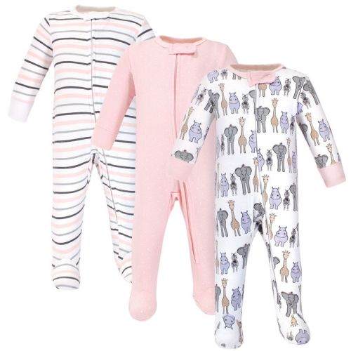 Hudson Baby Infant Girl Cotton Zipper Sleep and Play 3pk, Pink Safari, Size: 0-3 months