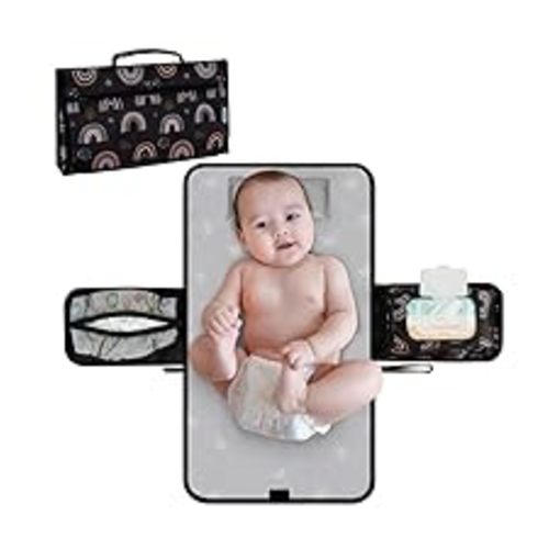 Babebay Portable Diaper Changing Pad, Travel Baby Changing Pad with Wipes Pocket, Changing Pad for Newborn Girl & Boy, Waterproof Portable Changing Mat, Boho Rainbow Sun