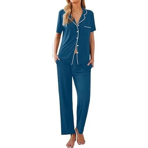 Ekouaer Women Pajamas Set Button Down Sleepwear Short Sleeve Nightwear with Long Pants Soft Pjs Set S-XXL