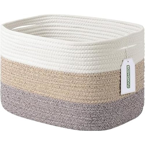 Cotton Rope Storage Basket, 15x10x9 Inches, Woven Basket for Shelves, Clothes, Toys, Towels, Books, and Laundry, Durable and Stylish, White Brown (1 Pack)